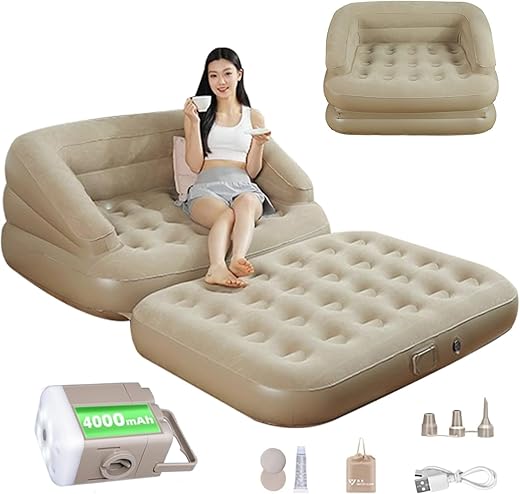 JOYFOX Colchão Inflável 2 em 1 para Camping e Casa com Bomba de Ar Recarregável Integrada, Sofá-Cama Portátil Casal 200x152cm, PVC Veludo Impermeável, 300kg