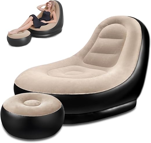 Matefet Poltrona Inflável Rápido Portátil Com Banco De Apoio Para Os Pés, Sofá De Lâmpada Dobrável Inflável Preguiçoso, Cinza, 27cm x 24cm x 12m