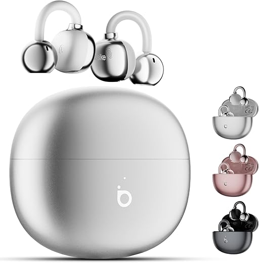 Basike Fones de Ouvido CLip-on Bluetooth 5.4 – Leves e Compactos, ENC, 30h de Bateria, IPX5 – Ideais para Corrida, Academia e Home Office (Prata)