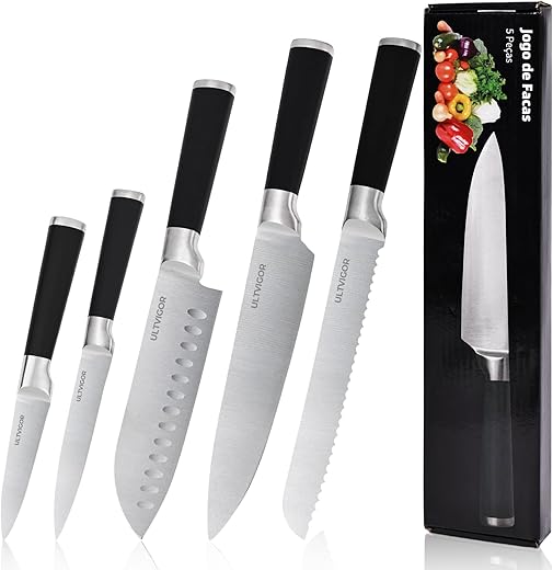 Conjunto de Facas 5 Peças, 4CR13 Aço Inoxidável Afiado e Durável, Cabo antiderrapante, Corte Preciso para Cozinhas Domésticas, Inclui Faca de Chef, Santoku (Preto)