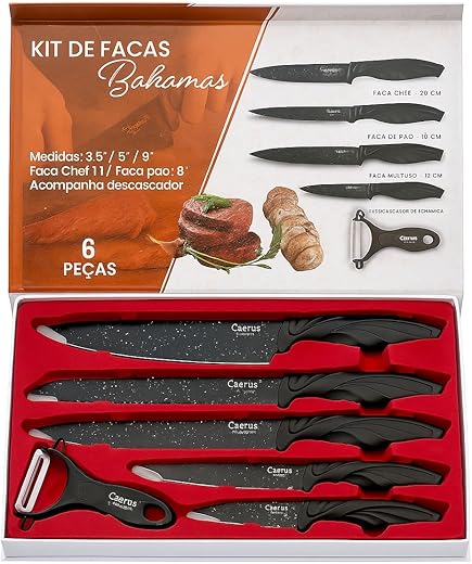 Conjunto de Facas de cozinha, 6 Peças, Lâminas em Aço Inox com Revestimento Especial, Inclui Descascador