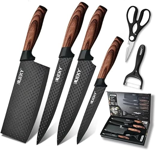 Conjunto de Facas em Aço Inox, 6 Peças, Cabo Reforçado, com Descascador, Tesoura e Cutelo para Carne e Legumes