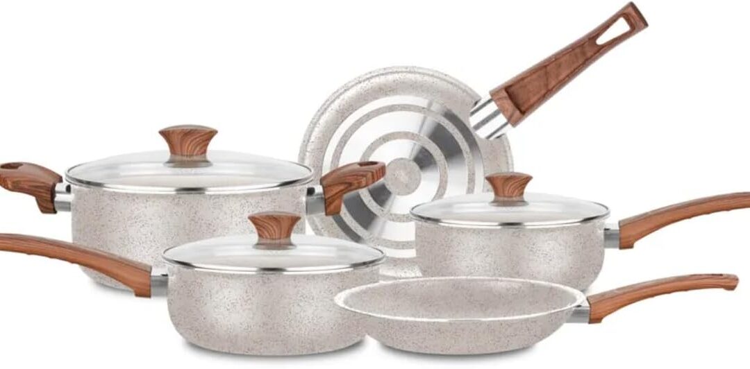 Conjunto de Panelas Vanilla Cerâmica 5 Peças – Antiaderente Cerâmico | 18cm, 20cm, Caçarola 22cm, Frigideiras 22cm e 24cm | Tampas de Vidro, Cabos Antitérmicos (VANILLA)