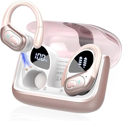 Fones de ouvido esportivos sem fio, 75H Bluetooth 5.3 HiFi Stereo Headphones com microfone HD, cancelamento de ruído ENC, tela dupla de LED, à prova d'água IPX7 para corrida/Rosa