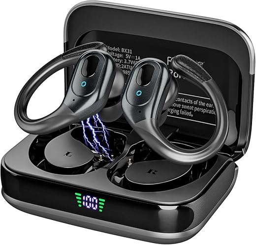Fones de ouvido esportivos sem fio, fones de ouvido estéreo Bluetooth, 75 horas de reprodução, com microfone HD, cancelamento de ruído ENC, tela de LED duplo, à prova d'água IP7