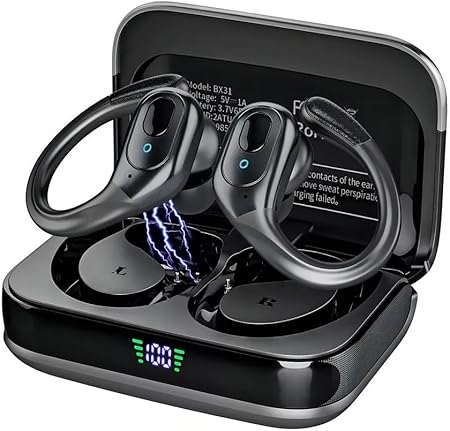 Fones de Ouvido Sem Fio Esportivos BX31, 75h de Bateria LED Display, Bluetooth 5.3 com Ganchos, IPX7 à Prova d'Água, Graves Profundos, Compatível com iOS e Android Esportes/Treino/Corrida (Preto)