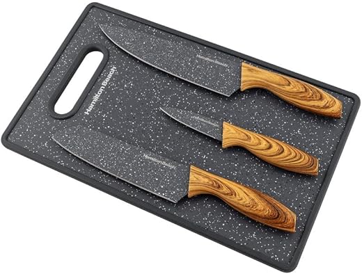 Jogo de 3 Facas Inox Hamilton Beach Com Tábua Grey Stone