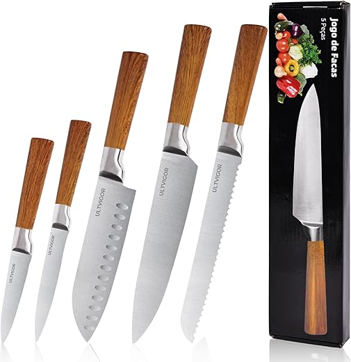 Jogo de Facas 5 Peças, 4CR13 Aço Inoxidável Afiado e Durável, Cabos antiderrapante, Corte Preciso para Cozinhas Domésticas, Inclui Faca de Chef, Santoku