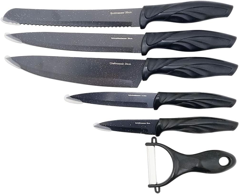 Jogo de Facas Inox Profissional Gourmet Marmorizado Japonês Cabo Ergonômico Lâminas Afiadas Corte Preciso Serrilhado Luxo Resistente Uso Diário.