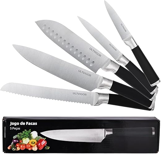 Jogo de Facas Profissionais de 5 Peças, Lâmina Afiada de Aço Inox 4CR13, Cabo Antiderrapante, Design Ergonômico, Projetada para Cozinhas Domésticas e Chefs, Preto