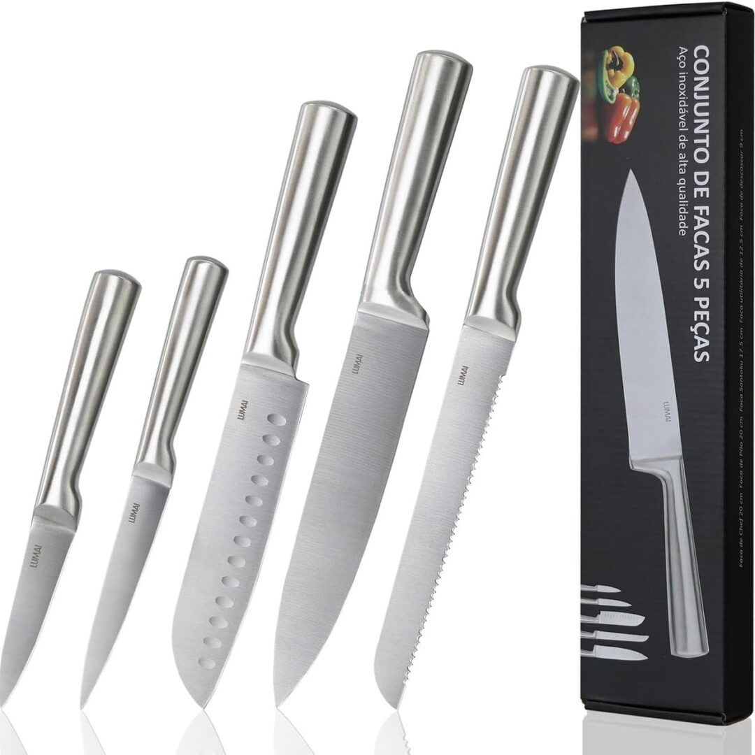 LUMAI Original Conjunto de 5 Facas Grandes de Cozinha Zurich Robusto em Aço Inoxidável 3CR13 com Lâminas Inteiriças – Forja Prolongada para Robustez, Anti ferrugem, Ultra Afiadas e Precisão Suíça