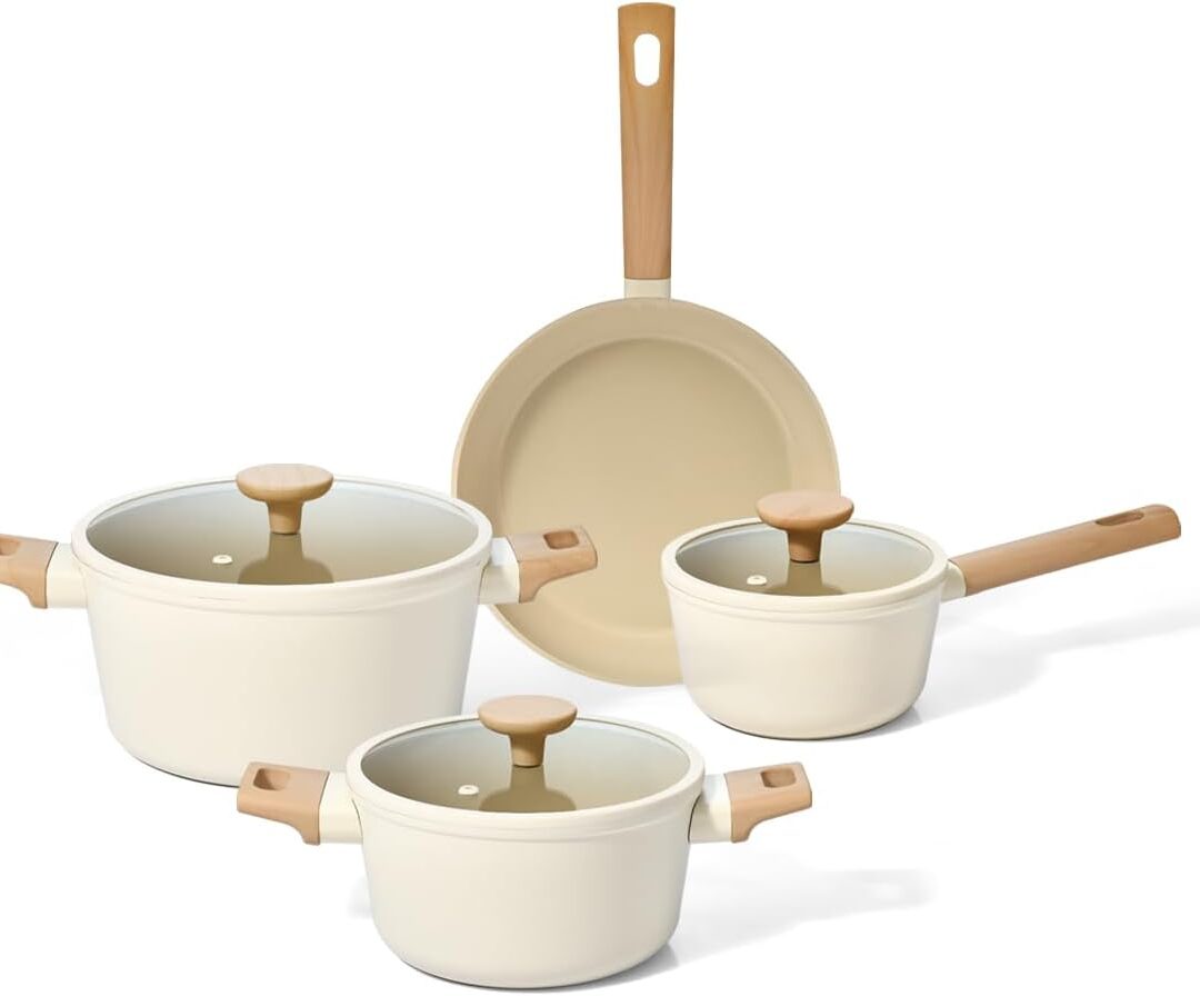 Oikos - Jogo Panelas Antiaderente Cerâmico 4 Peças para Fogão por Indução, a Gás, Elétrico e Vitrocerâmico com Borda de Silicone Cor Bege Mou Nata