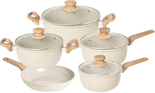 OSTER JOGO DE PANELAS E FRIGIDEIRA MARBLE EDITION CREAM – 5 PEÇAS COM REVESTIMENTO CERÂMICO ANTIADERENTE, ALÇAS EM SILICONE ANTITÉRMICO E BASE COMPATÍVEL COM INDUÇÃO