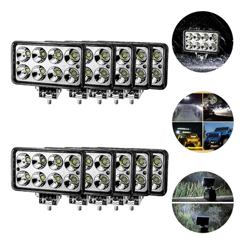 Kit com 10 Faróis de Milha Universal Retangular 8 LEDs 24W Bivolt 6000K Visibilidade potência e segurança para todos os tipos de veículos